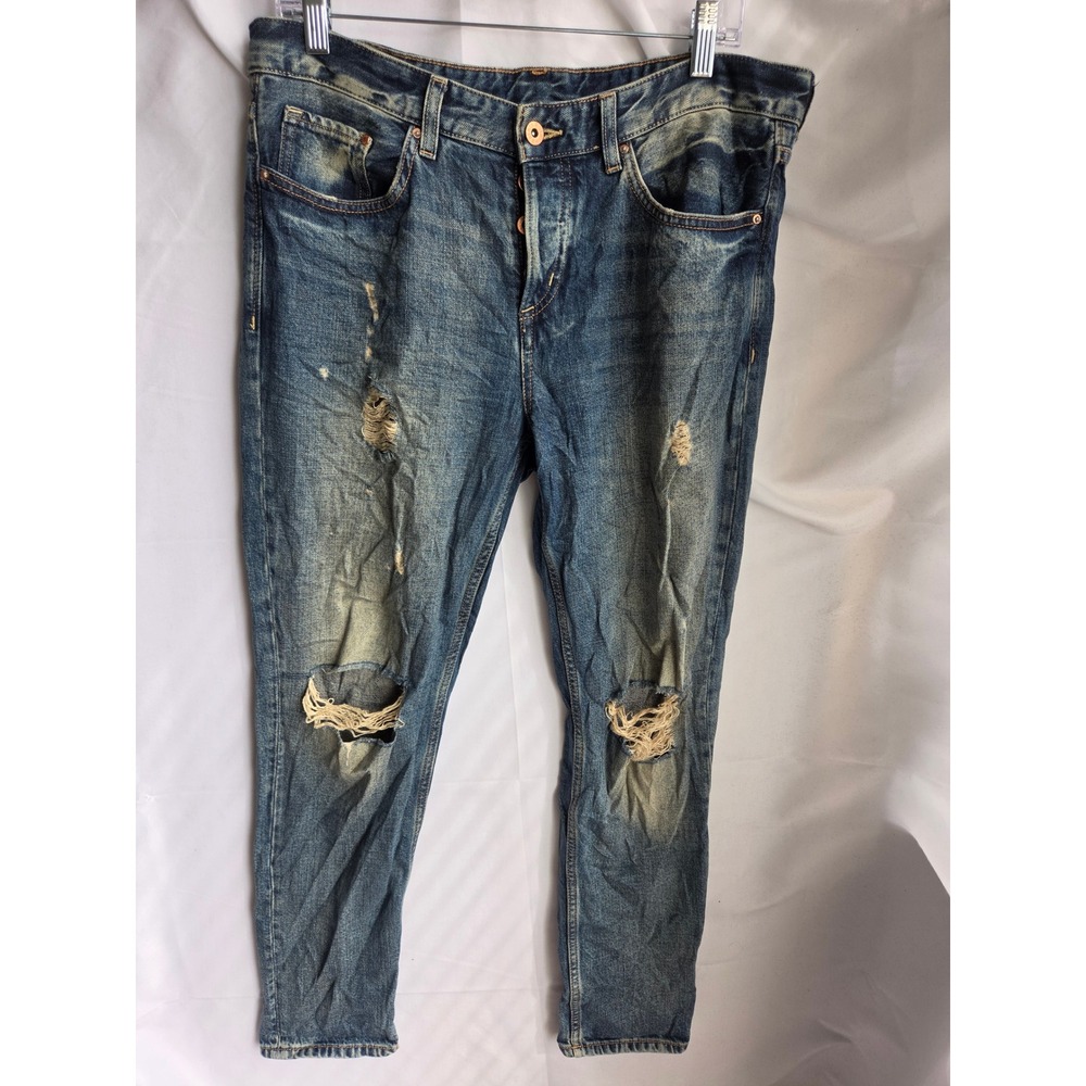 H&M Boyfriend Jeans Women Blue Distressed Relaxed Low Rise Tapered